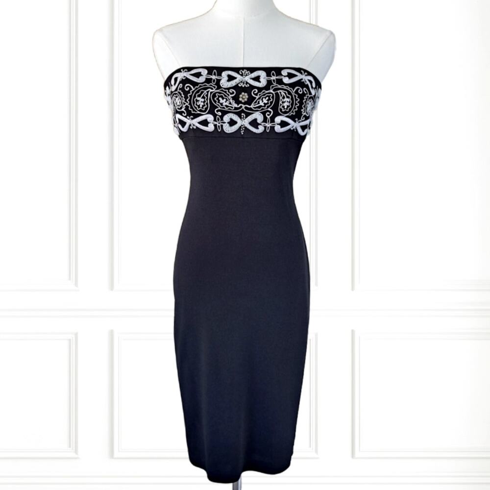 Vintage Y2K CACHE Black Strapless Beaded Sheath Dress Size 6 Party Bodycon